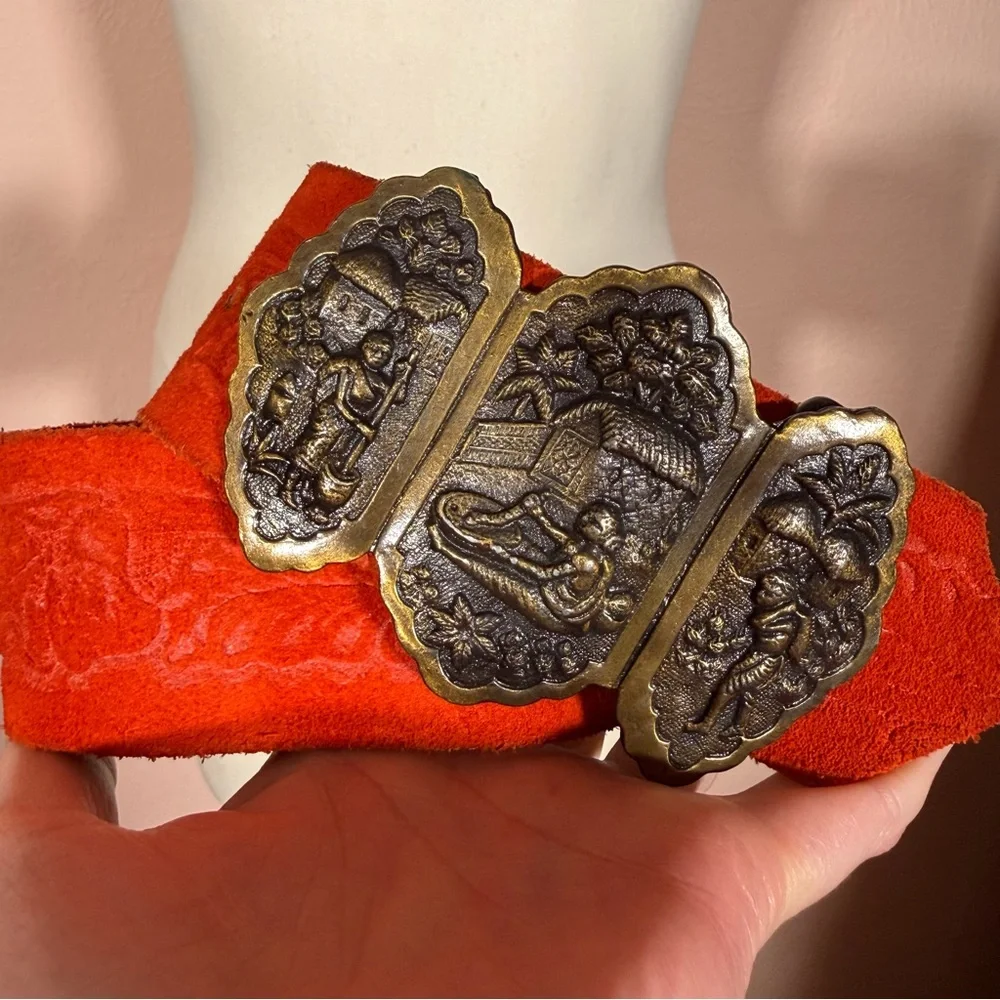 Vintage 1960 70 Boho Exotic Brass buckle Embossed red Leather wide festival Belt